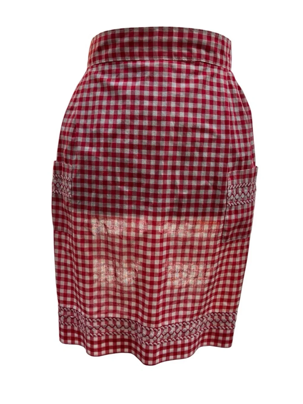 Vintage Red & White Gingham Half Apron with Pockets & Woven Detail Cottagecore